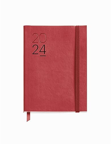 Miquelrius - Jahreskalender 2024, Tagesansicht, Größe Journal 122 x 168 mm, flexibler Einband aus Kunstleder genäht, Spanisch, Englisch und Portugiesisch, Rot