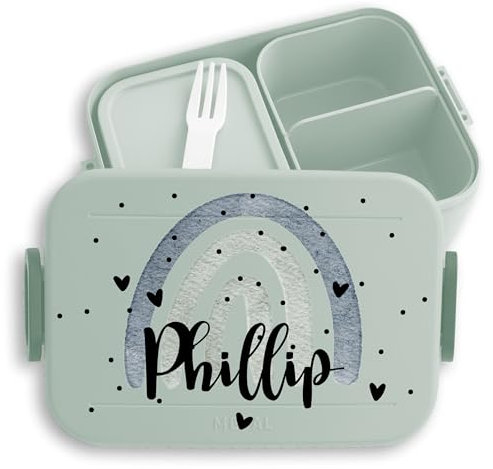 Kinder Bento Box Midi Lunchbox für Mepal Bentobox - Regenbogen Brotdose Rainbow mit Name Jausenbox I - 900 ml - Sage Grün - personalisierte brotdosen vesperbox mädchen schule personalised