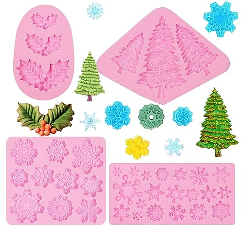 Muyulin Mini-Schneeflocken-Silikonformen, 4 Packungen Stechpalmenblätter, Weihnachtsbäume, Fondantformen für Weihnachten, Kuchendekoration, Cupcake-Topper, Seife, Süßigkeiten, Schokolade, Zucker, Ton