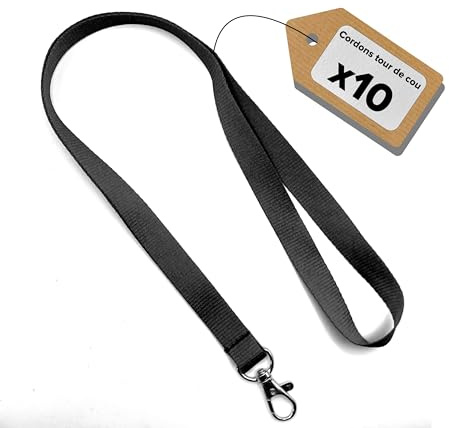 Lot de 10 Cordons Tour de Cou - Lanières de Porte Badge - pour événement, entreprise, groupe (Noir)