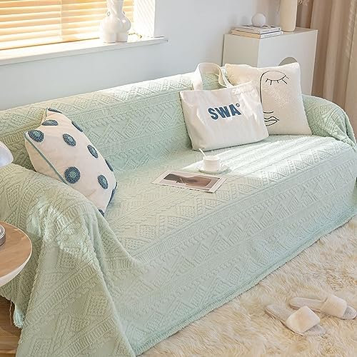 Sofabezug 4 Sitzer Big Sofa, Chenille Sofaüberwurf Decke Couch Einfarbig mit plüschigem geometrischem Muster, wendbar Lichtgrün, 180x320CM