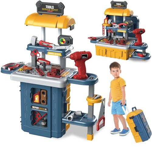 FORMIZON Werkzeugkoffer Kinder Werkzeug, 46 Stück Kinder Werkbank Set, Werkzeug Spielzeug Set mit Spielzeug Bohrmaschine, Kinder Rollenspiel Bank Lernspiel Geschenk für Kinder 5 6 7 8 Jahre