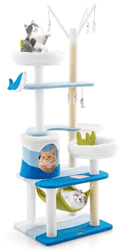 GOPLUS Arbre à Chat Multi-Niveaux avec Thème Océan, 2 Perchoirs en Peluche, Grand Condo, Griffoir en Sisal, Centre d'Activités pour Chatons avec Jouets Suspendus et Hamac Confortable(165cm)