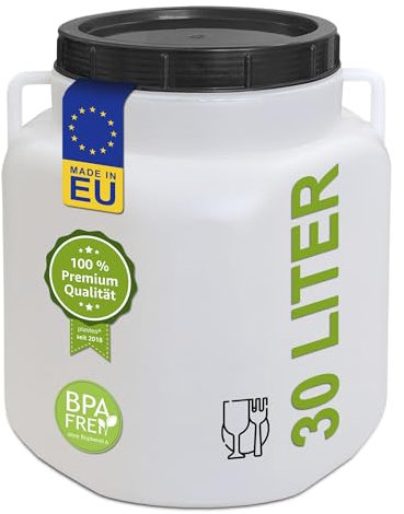 plasteo® 30 Liter Weithalsfass Natur Eckig mit Deckel und Henkeln, Lebensmittelecht und BPA-Frei, Futtertonne Kunststofffass Universalfass Deckelfass Wasserfass Regentonne Lagerfass