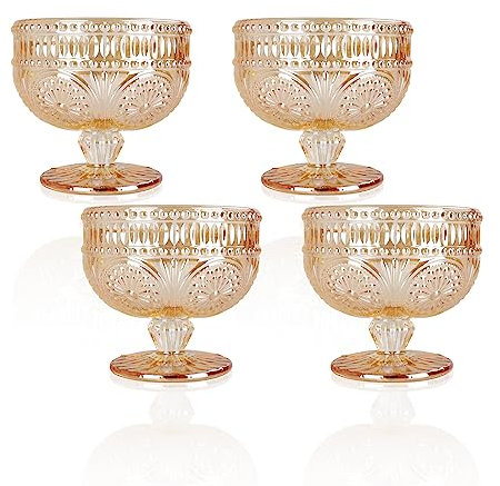 ABuff 4 Pack Ice Cream Glass Bowls, 10 oz Vintage Sunflower Embossed Glass Dessert Bowls with Footed Sundae Snack Cups for Ice Cream, Dessert,Trifle, Fruit, Salad