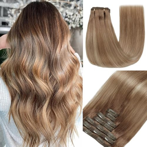 GUDOZO Clip in Extensions Echthaar 7pcs 35cm 80g Hellbraun mit Goldblond Invisible Echthaar Extensions Clip Extensions Skin Weft Haarverlängerung(14Zoll,10/10/22#)