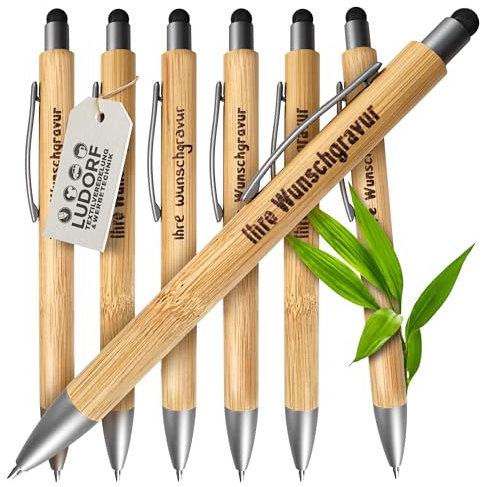 #teamludorf - 25x Bambus Kugelschreiber mit Touchfunktion mit Lasergravur, Umweltfreundlich, Blaue Mine - Ideal für Werbegeschenke Personalisierbar, Farbe: Schwarz