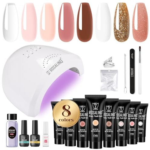 ROSALIND Poly Extension d'ongles en Gel Complet Kit, 14 Couleurs 12ml Poly Nail Gel Kit Avec 48W UV Lampe et Base&Top Coat, Nail Art DIY Kit Ongle Gel Complet pour Débutant, Professionnel et Salon