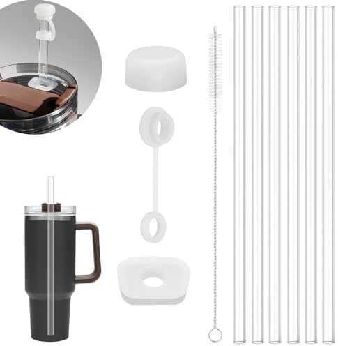 6 Stück Ersatz Strohhalme Set, Wiederverwendbar Klare Strohhalme, Plastikstrohhalme, 31cm Lange Strohhalm, Stanley Cup Zubehör, mit Reinigungsbürste und Strohkappen, Strohhalm für Stanley Cup 40/30oz