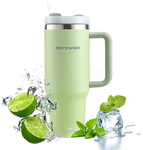 DSYZWEE 1200 ml Thermobecher, 40 oz Thermobecher mit Strohhalm und Henkel, Doppelwandiger Edelstahl Vakuum Auslaufsicher Trinkbecher, Autobecher Becher Tumbler Thermobecher Kaffeebecher Grün