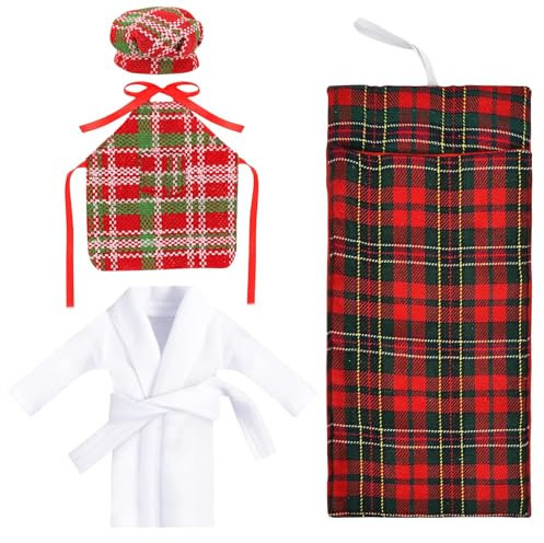 TaimeiMao 4 Stück Weihnachten Elfen Puppenzubehör,Weihnachten Elf Puppe Kostüm,Elf On The Shelf Zubehör,mit Schürze,Kochmütze,Mini-Nudelholz,Mini-Schneidebrett und Mini-Eiern,für Elfenpuppe Zubehör.