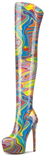 NobleOnly Donna Alto High Spillo Tacco Heel Rotonda Punta Piattaforma Sopra il Ginocchio Stivali Cerniera Ballo Feste Stivali 15 CM Heels Graffiti colorati 36 EU