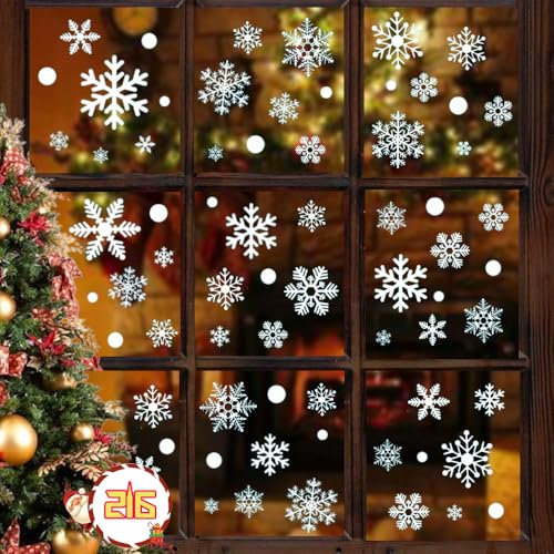 216 Pcs Fensterbilder Weihnachten Selbstklebend,Fenstersticker Weihnachtsdeko,PVC Schneeflocken Fensterdeko,Selbstklebend Weihnachtsfensterbilder für Winter Fenster Weihnachten deko