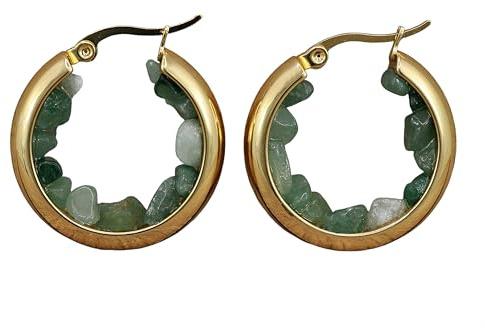 Lady Mirage - Aventurin Creolen - Edelstein Ohrhänger für Damen in Grün Gold Edelstahl | Handmade Schmuck Geschenk für Sie | Perfekt als Geburtstags-, Weihnachtsgeschenk | Mama, Freundin, Schwester