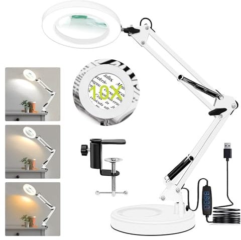 KLGFI 10X Lupenlampe, Lupe mit Licht und Ständer, 2-in-1 LED Lupenleuchte mit Schwenkarm, Tischlampe mit 3 Farbmodi 10 Helligkeitsstufen zum Lesen Handwerk Reparatur Werkbank