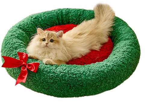 JINGTOPS Bettmatte für Haustiere Weihnachtskatzekatzenbett Flauschig, Katzenkorb Katzenkissen KuschelhöHle Katze Katzenkorb Donut-Kuschelbett,Katzenhaus Indoor Hundebett Kleine Hunde (L, Round)