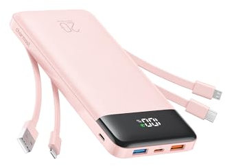 Charmast Batterie Externe 20000mAh, 20W Power Bank Charge Rapide avec câbles intégrés, 5 Sorties et 4 Entrées Batterie Portable pour iPhone 14 13 12 11 Samsung S21 S22 (Rose)