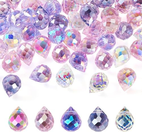 FASHEWELRY Glasperlen in Tropfenform, transparent, AB-farbig, galvanisiert, Wassertropfen-Glasperlen für selbstgemachte Ohrringe, Halsketten, Armbänder, Schmuckherstellung, 50 Stück