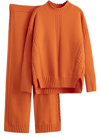 Damen Strickset Winter Strick - Hausanzug Mit Hose Und Oberteil Einfarbig Strickpullover Elastische Taille Palazzohose Gerippt Strickset Langärmelige Freizeitanzug Locker Jogginganzug