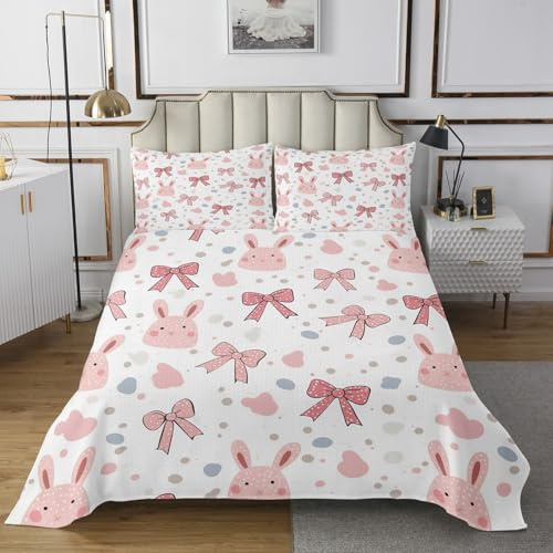 Homewish Pink Rabbit Coverlet Set For Girls Kids Cute Bunny Animal Print Quilt Set King, Lovely Bowknot Colorful Dots Bedding Set Rabbit Fans Kawaii Bow Bedspread Set With 2 Pillowcases