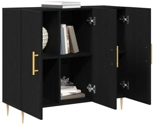 vidaXL Sideboard Schwarz Eichen-Optik 90 x 34 x 80 cm Holzwerkstoff | Glattes schwarzes Eichenholz mit coolen goldenen Griffen, Ideal für Ess- und Wohnbereiche, Zwei Schränke sorgen für Ordnung