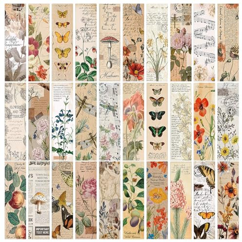 JSRQT 30 Stück Vintage Papier Lesezeichen, Doppelseitiges Design Blumen Schmetterling Karton Lesezeichen für Buchliebhaber, Seiten Clips Retro Stil für Frauen Männer Kinder, Schulbüro Lesegeschenk