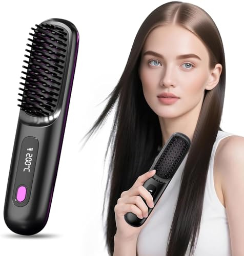 Cepillo Alisador Pelo Inalambrica, Mini Plancha Pelo Peine Alisador de Cabello Electrico Portátil, Recarga USB, con Pantalla LCD, 3 Modos Ajustable, 160-200°C, Calefacción para Viajes y Uso Diario