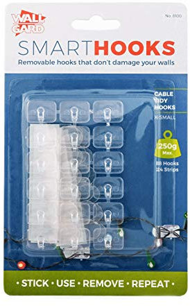 Wall Gard Removable Self-Adhesive Christmas Decoration & Fairy Lights Hanging Stick On Plastic Hooks, Clear X-Small Clips
