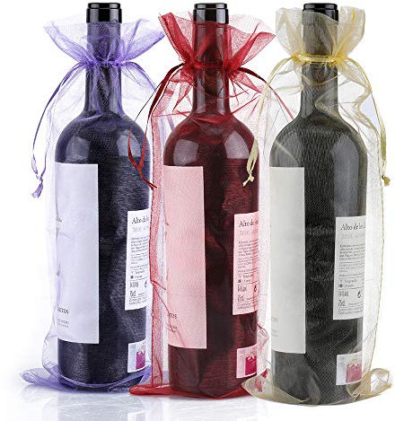 jijAcraft 30PCS Organza Wine Bags: 37x16cm Multicolour Organza Bottle Gift Bags with Drawstring for Wine Glasses, Flip Flops, Party Favours (Gold+Purple+Red)