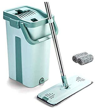 CheungLee Mop Eimer System zur Bodenreinigung 2in1 Waschen Trocken mit Flachfaser-Mop-Pads 2 Mop Heads