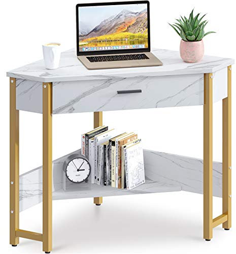 ODK Corner Desk, Triangle Computer Desk Corner Vanity with Large Drawer & Storage Shelves, Corner Writing Desk for Workstation