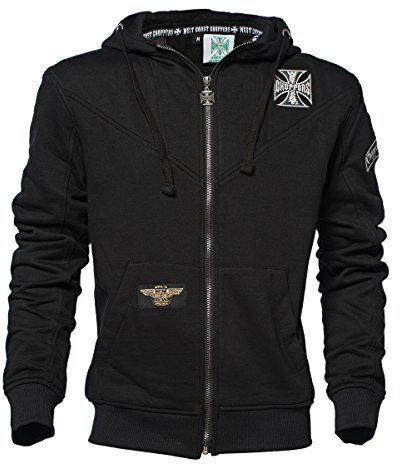 West Coast Choppers Men Zip Hoodie Classic Panel, Color:Black, Size:3XL