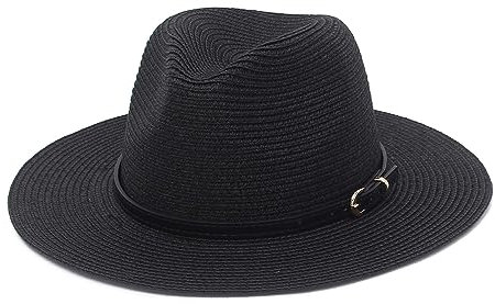 GEMVIE Panama Hut Damen Herren Fedora Strohhut Strand Floppy Sonnenhut UV Schutz Sommerhut M Schwarz