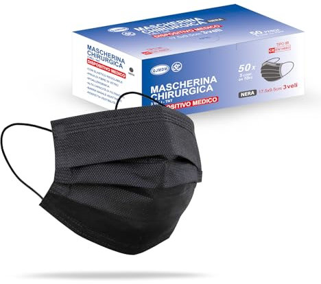 S&S Medical Mascherine chirurgiche 3 veli certificate CE - Dispositivo Medico di tipo 2r + Gancio salve orecchie in Regalo (Nero, 1 unità (Confezione da 50))