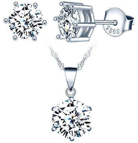 Yumilok Damen Schmuckset Basic Ohrstecker Halskette Ohrringe Kette Set Schmuck Set 925 Sterling Silber sechs Klaue Zirkonia Anhänger