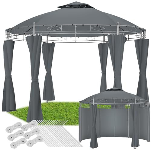 tectake® Luxury Garden Gazebo - 3.5m Pavilion Tent with Stable Metal Tubes, Water-Repellent Material, Incl. Side Curtains, Pegs and Ropes - Ideal for Garden Party, Wedding & Outdoor Events - Grey