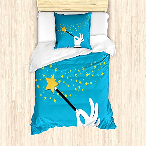 ABAKUHAUS Magie Bettbezug Set für Einzelbetten, Magier Wand Sterne Verbreitung, Milbensicher Allergiker geeignet mit Kissenbezug, 135 cm x 200 cm - 80 x 80 cm, Sky Blue Mustard