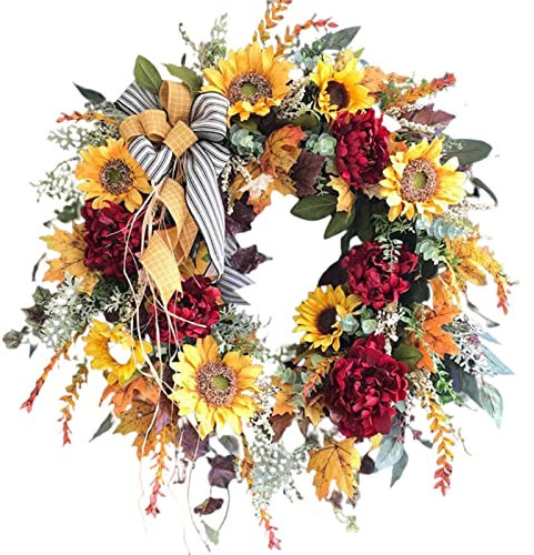 VALINK Large Wreaths for Front Door, Sunflower Wreath Country French Wreath Fake Flower Welcome Sign Garland Hanging Front Door Decor for Home Party 40cm