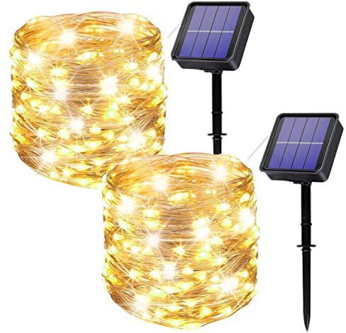 owwasd Guirnaldas Luces Exterior Solar, 2x120LED 14M 8 Modos Luces Led Solares Exteriores Jardin,Impermeable Cadena de Luces Decoracion para Terraza, Fiestas, Bodas, Patio, Jardines(Blanco cálido)