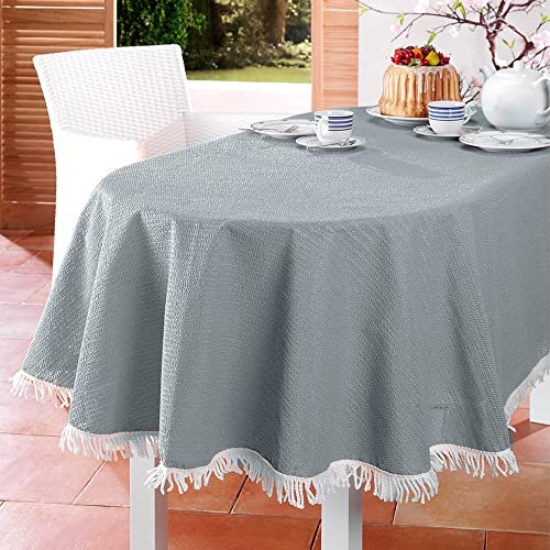 EMHELLE Gartentischdecke Garten Balkon Terrasse Tischdecke Camping Picknick Rund Oval Eckig Außen und Innenbereich Rutschhemmende Oberfläche mit weißen Fransen (150 x 210 cm Oval, Silbergrau)
