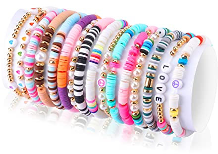 KINBOM 16 Stück Preppy Armbänder, Handgefertigte Regenbogen Armbänder Boho-Scheiben-Armband Heishi-Perlen-Stretch-Armband für Frauen Sommer-Strand-Schmuck (Liebes Herz Serie)