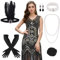 FEPITO Flapper-Kleider im Stil der 1920er Jahre für Damen, mit Fransen und Pailletten besetztes Great Gatsby-Kleid für Damen mit Accessoires im Stil der 20er Jahre(Black and Gold（Style 2）, Small)