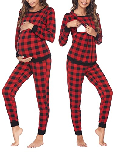 Ekouaer Stillpyjama Damen Langarm Rundhals Schlafanzug S-XXL | Warmes Winter-Pyjama-Set mit O-Ausschnitt, weich und bequem, ideal für Krankenhaus, Schwangerschaft und Stillzeit