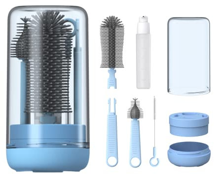 YOTIME Goupillon Voyage Biberon Ensemble, Comprenant Brosse à Biberon Portable en Silicone, Brosse pour Nettoyer Tétines, Brosse à Paille, Distributeur de Savon pour Biberon et Support, Bleu