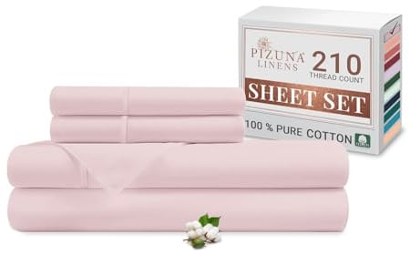 Pizuna Cotton Percale King Size Sheet Set Light Pink 100% Long Staple | Combed Cotton Bedding, 275x280 cm, Soft Sateen 4 Pc King Bed -fitted Flat Sheet & 2 Pillowcases