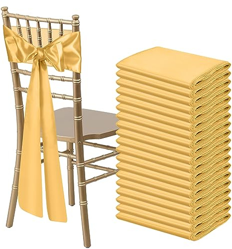 Bouiexye 50 STK Gold Satin Stuhl-Schärpen Schleifen Universal Stuhlband-Schnürbänder Rücken-Schärpen für Hochzeit, Party, Empfang, Events, Bankette, Hotel, Event, Stuhl-Dekoration (18 x 274 cm)