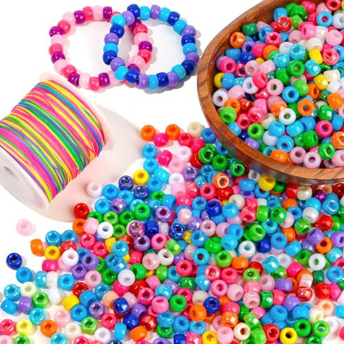 I LOVE MOM 1500 Stück Pony Perlen für Armbänder Perlen zum Auffädeln Großes Loch Bastelperlen 6x9MM Perlen Groß mit Schnur Diy Beads Schmuckperlen Selber Machen Set Geschenk 24 Farben