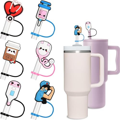 6-Pack Straw Covers Cap for Stanley Cup, Stanley Straw Caps Compatible with 40 oz Stanley Tumbler, Reusable Silicone Dust-Proof Straw Tips for Stanley Jug Drinking Straws Plug (Nurse)