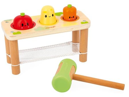 Janod Taptap Fattoria Multisensoriale per Bambini-3 Verdure dell'Orto + 1 Martello-Sviluppa Le Abilità Fino-Motorie-Giocattolo in Legno FSC-dai 12 Mesi, J03309, Multicolore, Piccolo