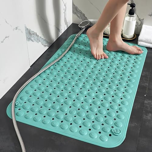 Tapis de Douche Antidérapant 60x90cm,Tapis Antidérapant Douche avec Ventouses et Trous de Drainage,Matériau PVC,Toucher Doux,Vert